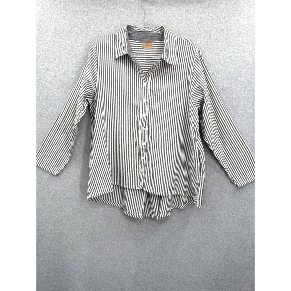 Tulip Button Up Shirt Tunic Medium Gray White Striped Cotton Long Sleeve Pockets